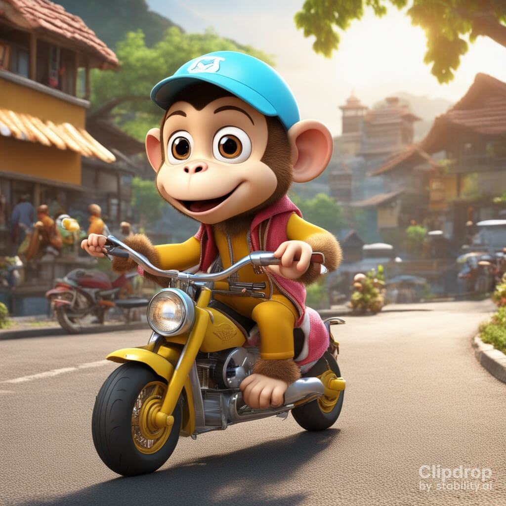 Cute Cartoon monkey riding a motorbike